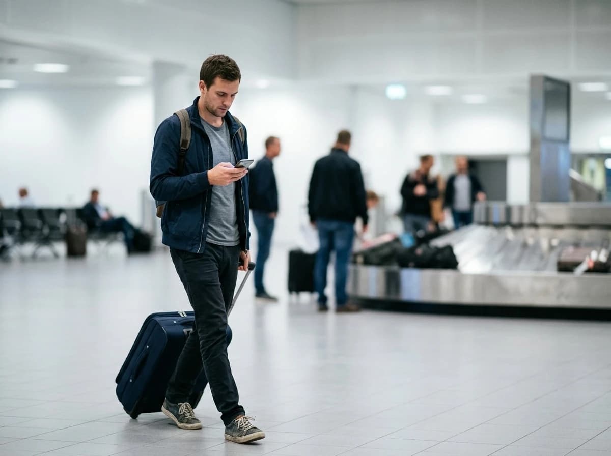 A traveller walks through the terminal with his suitcase, looking at his phone