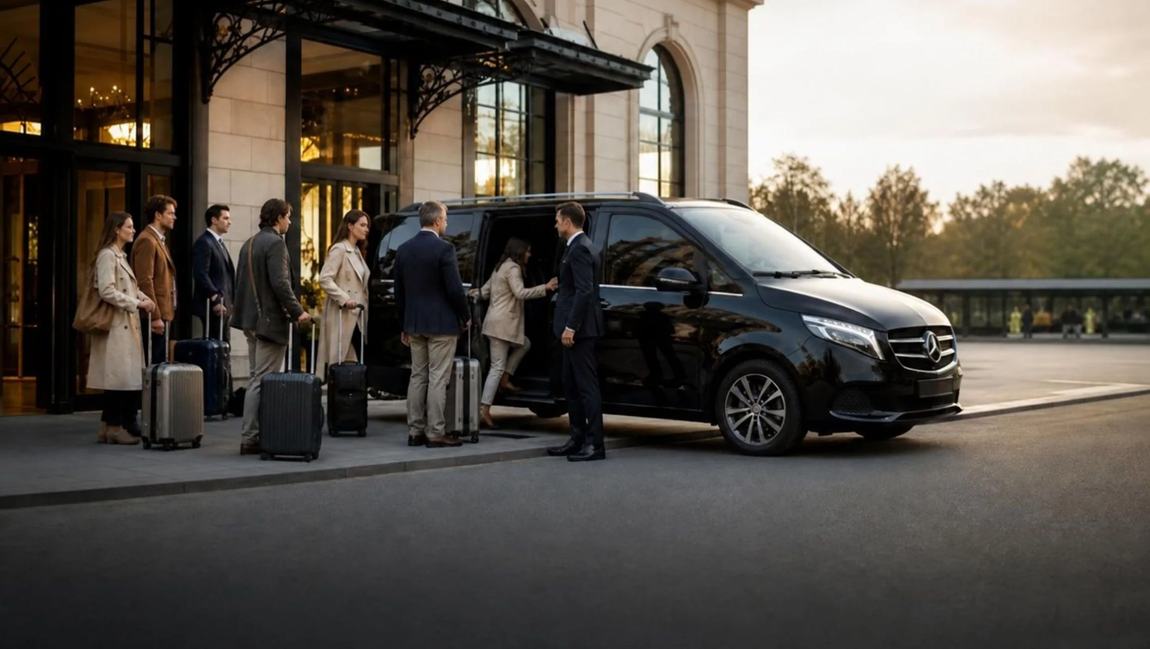 A group of travellers with suitcases boarding a black Mercedes minibus outside a hotel
