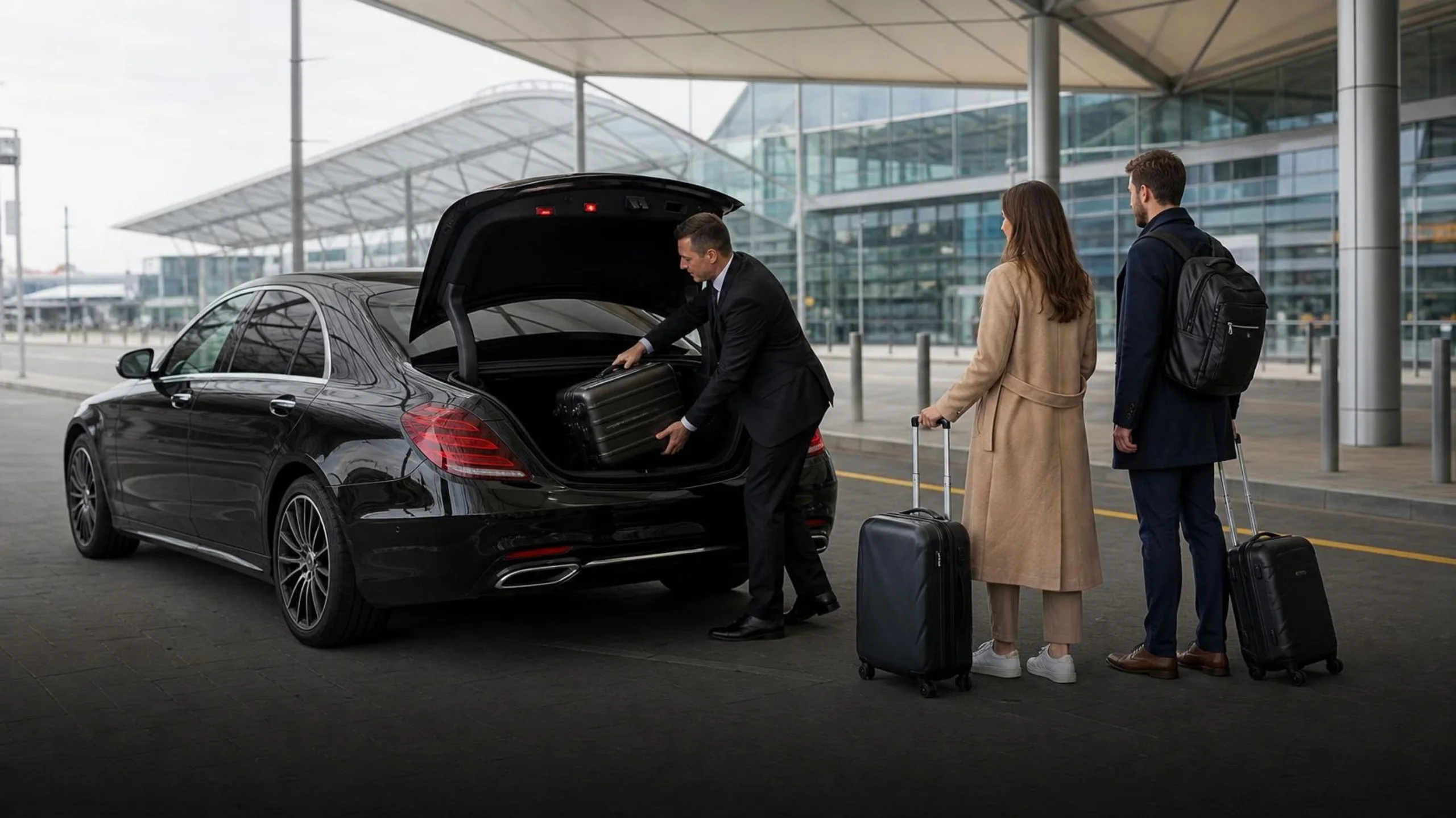 A driver loading suitcases into the boot of a black Mercedes at the airport