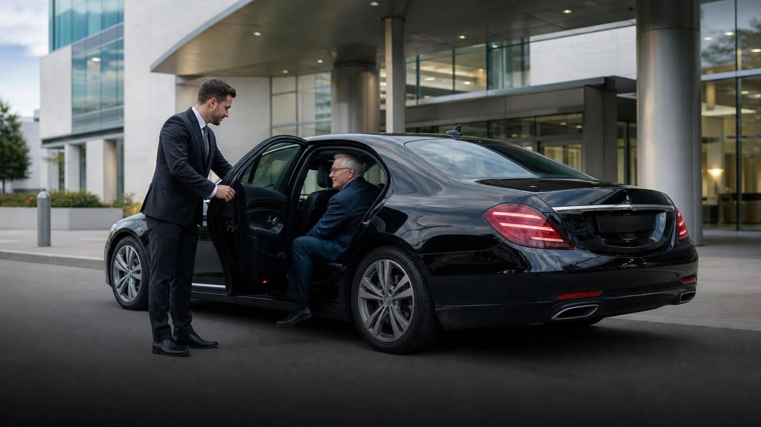 A driver helping an older gentleman into a black Mercedes outside a hospital entrance