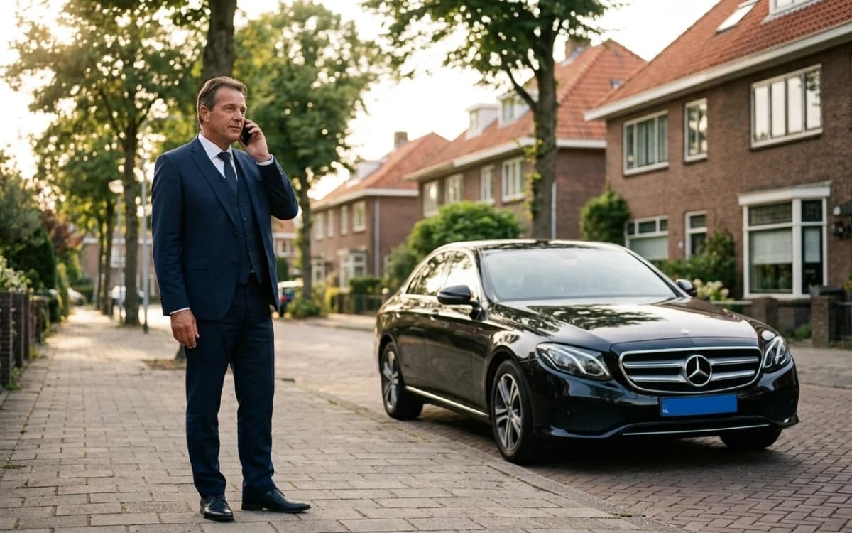 De chauffeur belt naast de taxi in een woonstraat