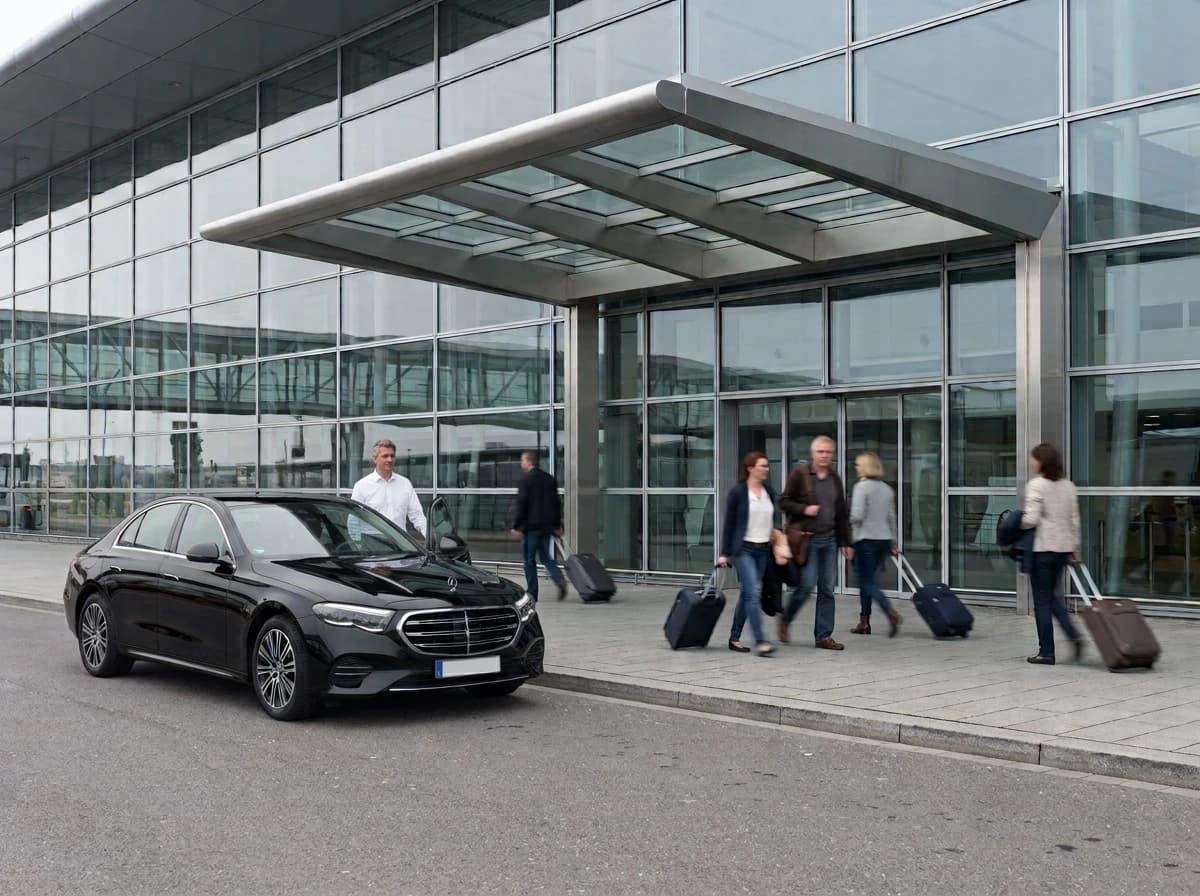 Een taxi wacht voor de vertrekhal op Schiphol
