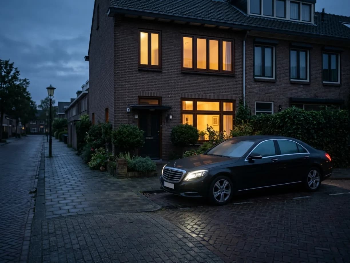 The taxi waits at dusk outside a front door in a residential street
