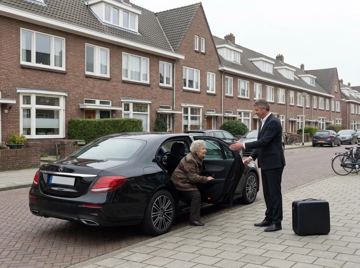 Een chauffeur reikt een oudere vrouw de hand bij de open achterdeur