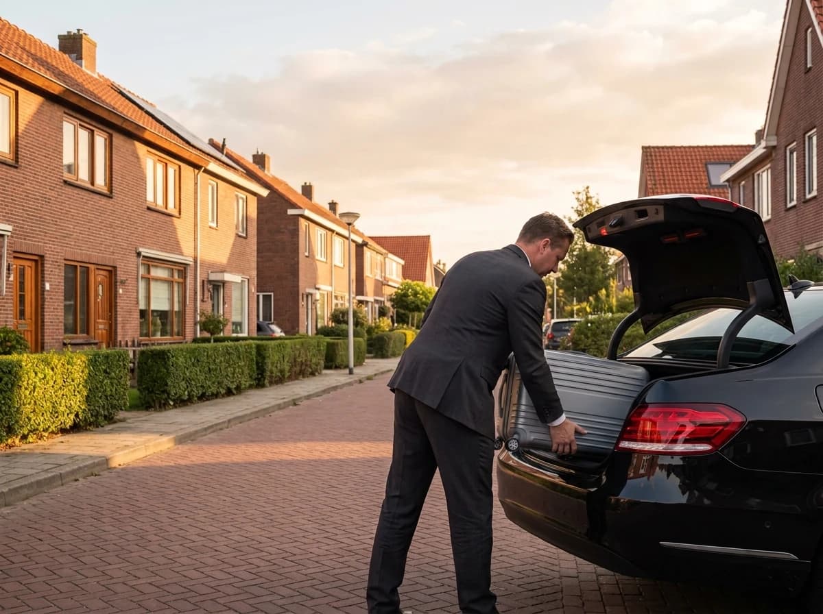 De chauffeur tilt een koffer in de kofferbak voor de deur