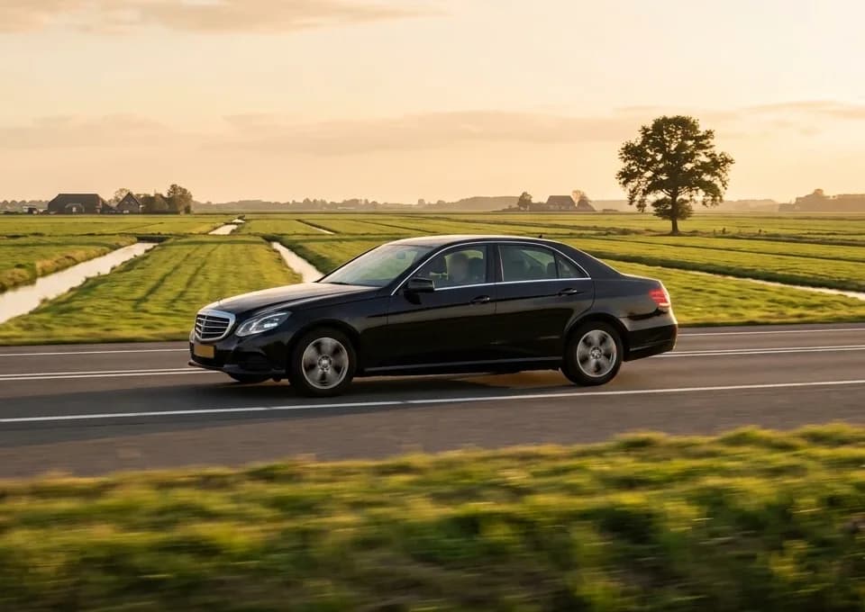 Een taxi onderweg op de snelweg richting de luchthaven