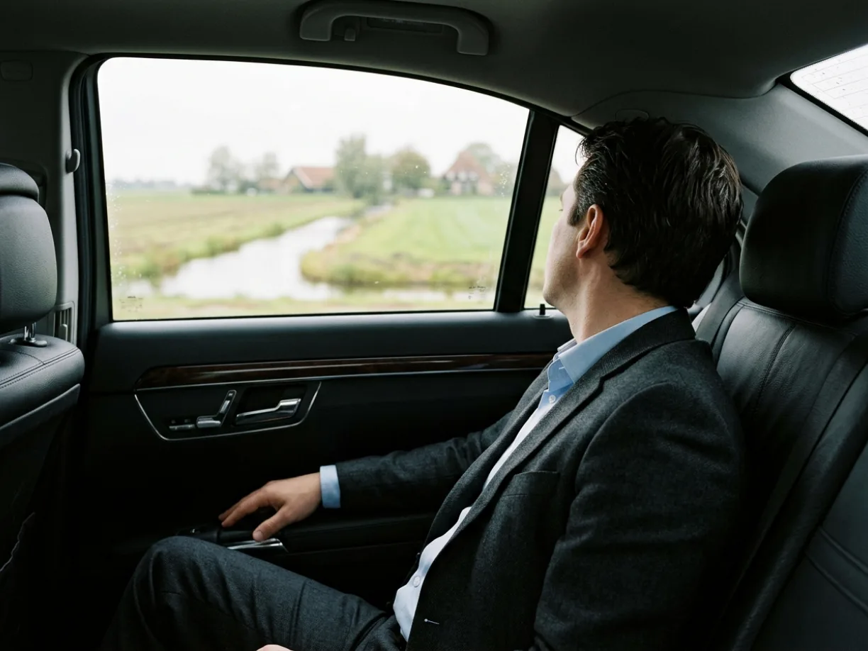 Een passagier achterin kijkt onderweg naar het polderlandschap