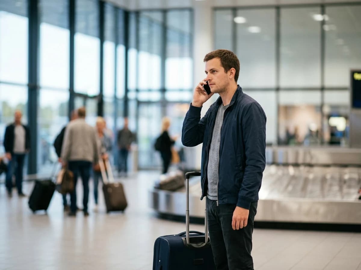Een reiziger staat met zijn koffer bij de bagageband en houdt zijn telefoon aan zijn oor