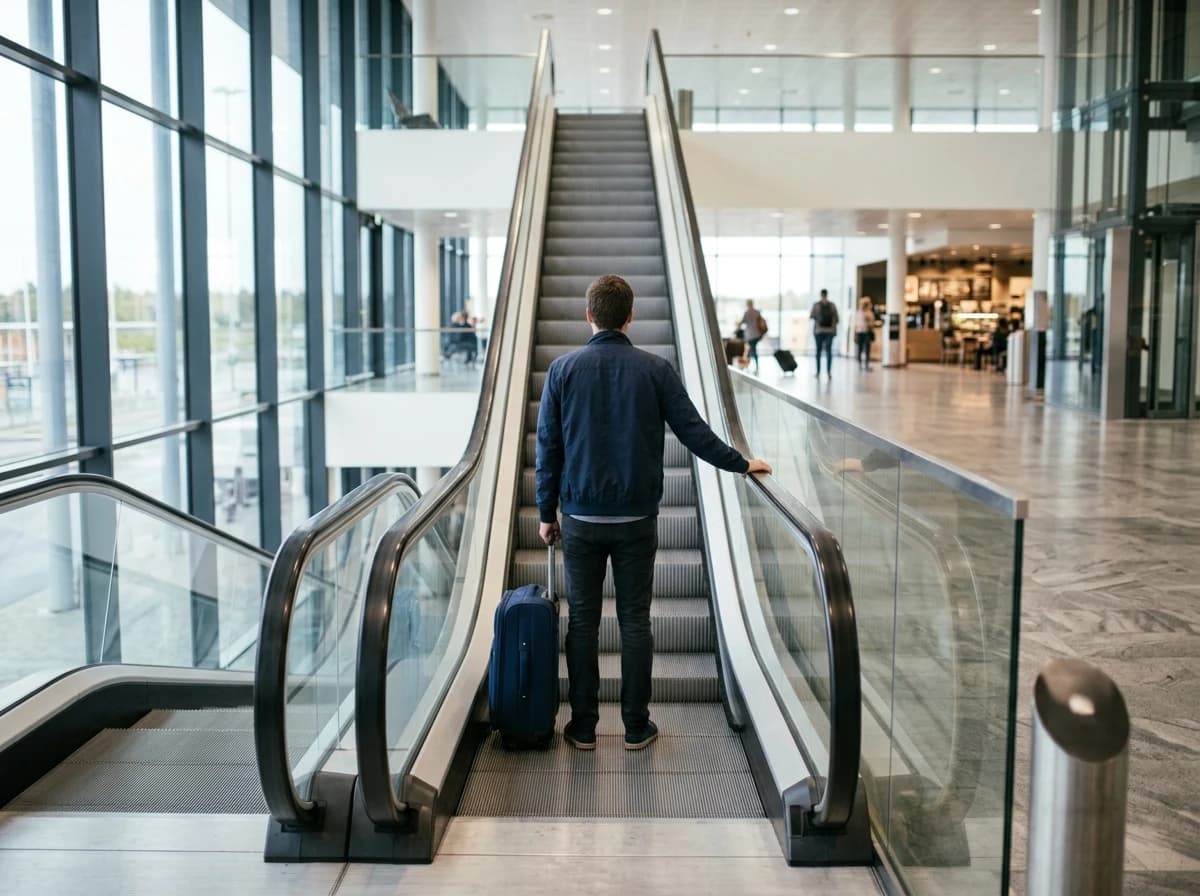 Een reiziger met een koffer op een roltrap naar de verdieping erboven