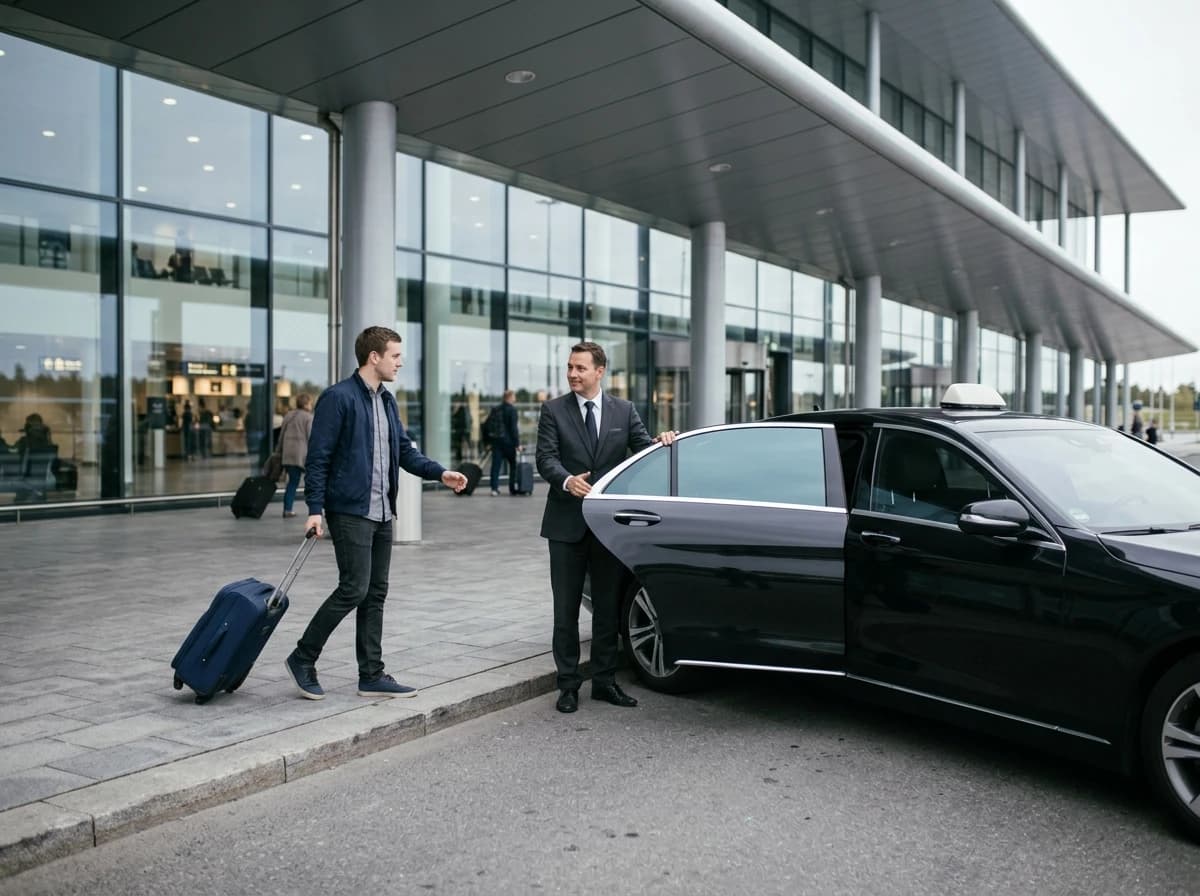 Een chauffeur houdt het achterportier open terwijl een reiziger met een koffer naar de taxi loopt