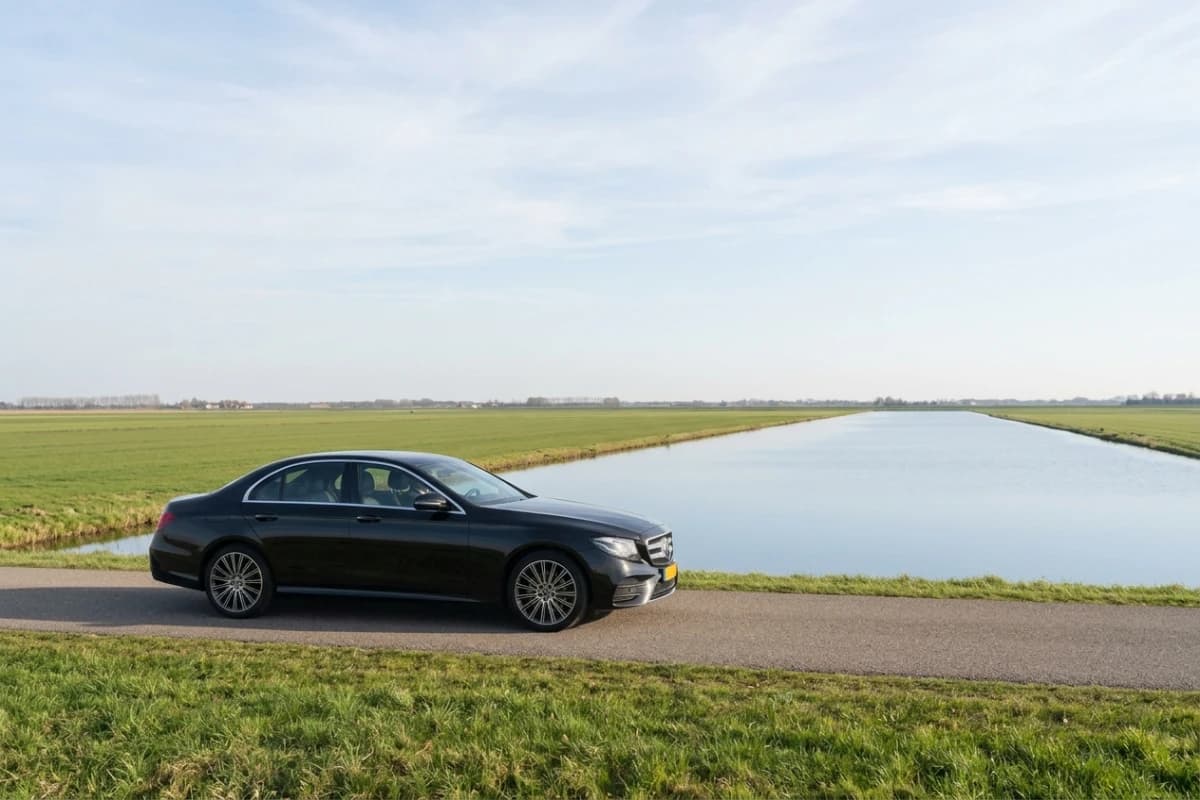 Een taxi op een polderweg langs een vaart, met open weiland eromheen