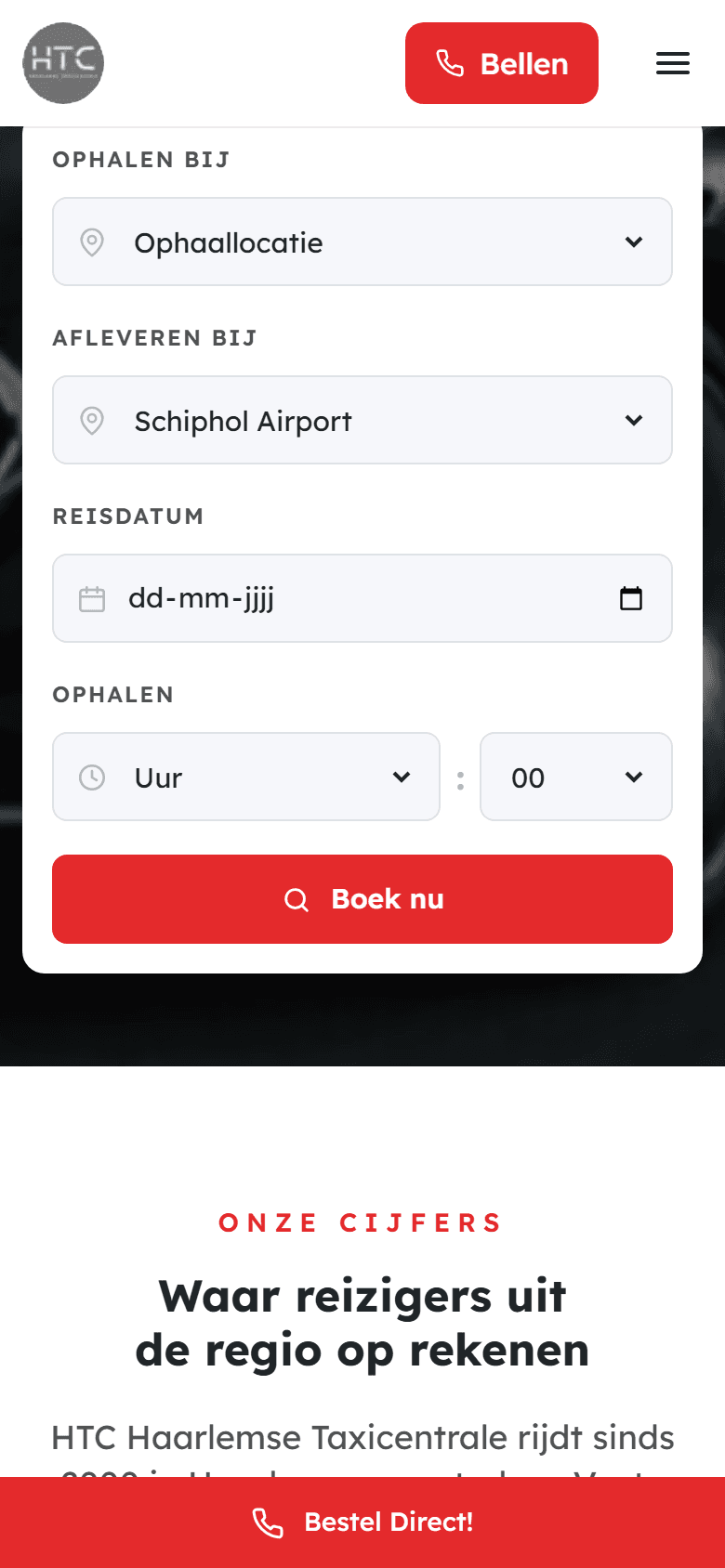 Deze site op een telefoon, met het boekingsvak