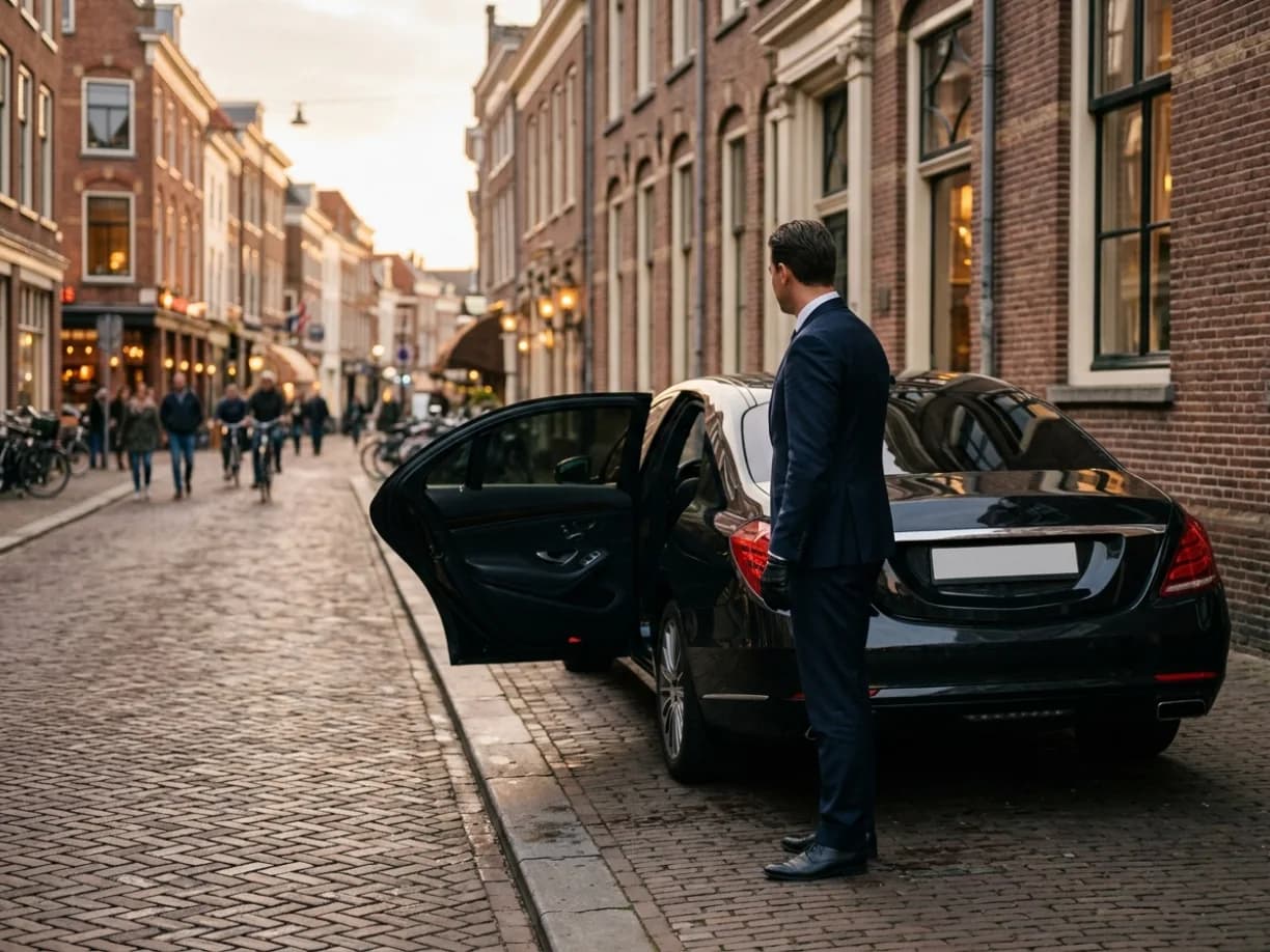 Een chauffeur houdt het achterportier open in een oude binnenstadsstraat