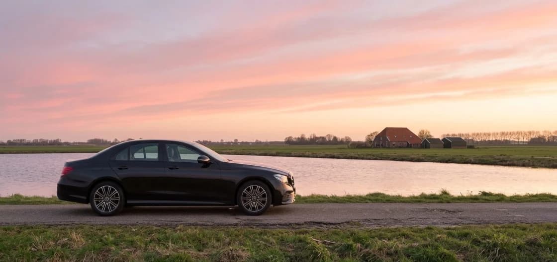 Een taxi op een polderweg langs het water, bij zonsopkomst