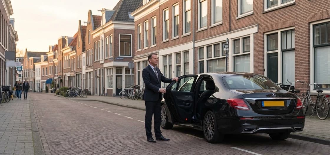 Een chauffeur houdt het achterportier open in een straat met bakstenen panden
