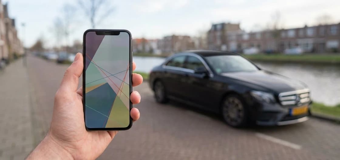 Een hand met een telefoon, met op de achtergrond onscherp een taxi langs de gracht